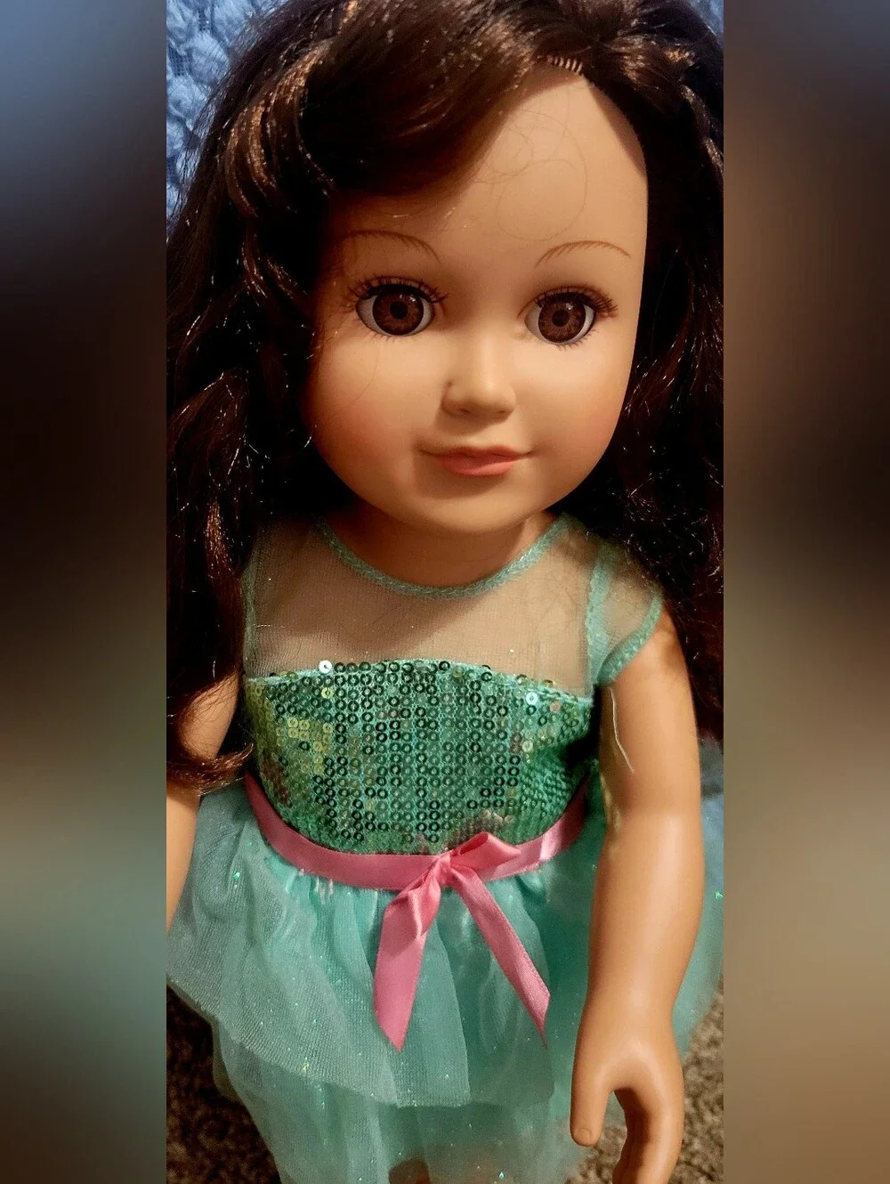 Kids Sequin Green Party Doll with Pink Ribbon
